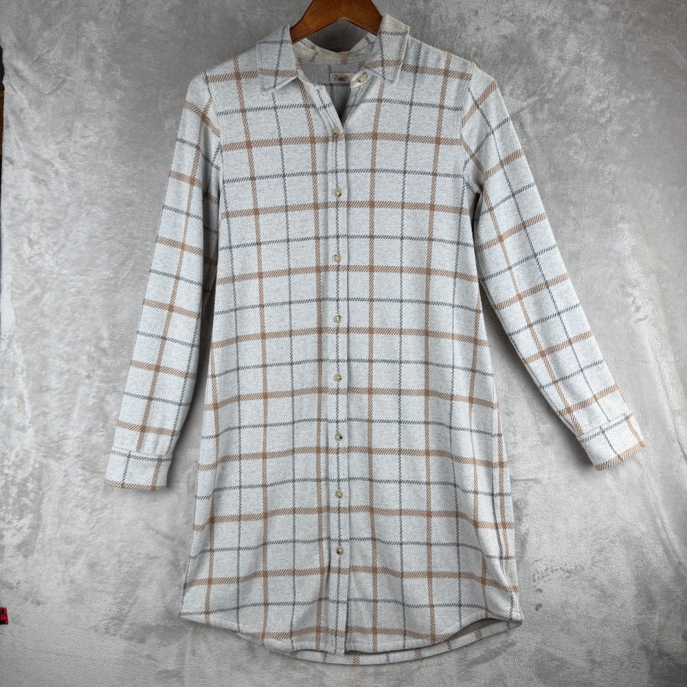 Faherty Gray Tan Plaid Knit Shirt Dress Long Sleeve Button Front Small